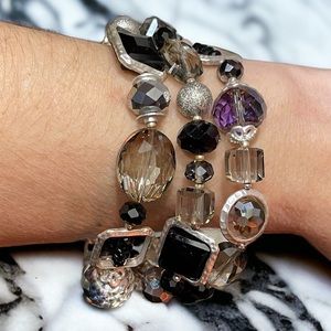 Triple Strand Black AB Smokey Crystal & Silver-Tone Bracelet